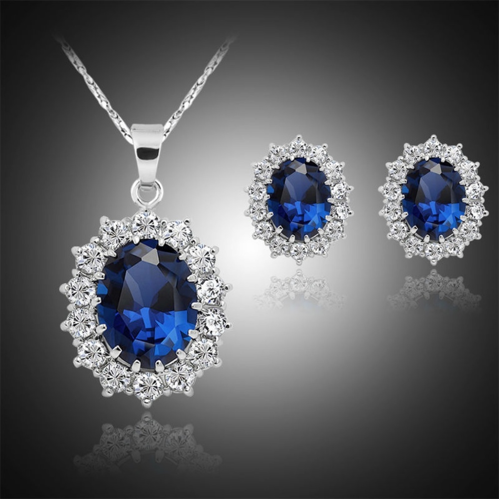 Blue Crystal & Rhinestone Necklace & Earrings Set